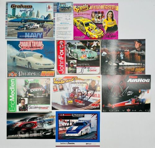 276 · DRAG RACING: Ten flyers signed by various American drag racing drivers plus four unsigned flyers [Location: Sydney]