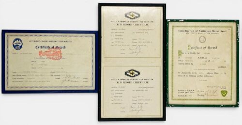 TOM SULMAN: Three framed Certificate of Records achieved by Tom Sulman in his "Porsche Cobra" (the ex-Alan Hamilton 'Kangaruh' hillclimber '906-007' later owned by Kerry Manolas) at Castlereagh in 1969