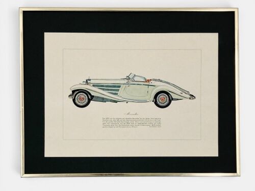 306 · MERCEDES-BENZ: A group of three images, including a framed print of a 38/250 SS, 30cm x 20cm, a 540K Special Roadster, 33cm x 43cm and a 1936 500K Special Roadster on board, 76cm x 50cm