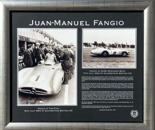 256 · JUAN MANUEL FANGIO: A Limited Edition framed print of Juan Manuel Fangio in the W194 Streamliner winning the 1954 British Grand Prix at Silverstone, numbered 24/100, 78cm x 68cm