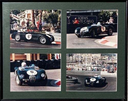 404 · JAGUAR: A framed montage of four colour photographs of the C-type 'XKC 053' formerly owned by Kerry Manolas racing at Monaco in 1997, 46cm x 45cm
