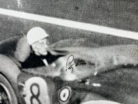 ASTON MARTIN: A pair of framed black and white photographs showing the DB3/S finishing second at Le Mans in 1956 with Peter Collins and Stirling Moss co-driving, both signed by Stirling Moss, 60cm x 50cm - 5