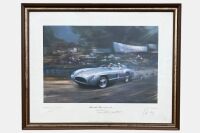 MERCEDES-BENZ: A Limited Edition framed print by artist Frank Wootton depicting Stirling Moss and Denis Jenkinson winning the 1955 Mille Miglia, signed by Moss, Jenkinson and the artist, numbered 476/850, 65cm x 51cm