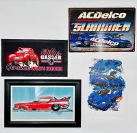 DRAG RACING: A framed and unframed illustration, a Mark Hinchelwood signed sign, a Willys bar mat and a group of 13 drag racing posters [Location: Sydney]