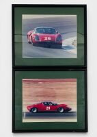 ALFA ROMEO: A pair of framed colour photographs of the 33 Stradale '75033.113' racing at Laguna Seca, 33xm x 28cm
