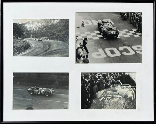 29 · FERRARI: A framed montage of four black and white photograph of the 375 Plus '0392 AM' being driven to victory at the 1954 Carrera Panamericana by Umberto Maglioli, 64cm x 51cm