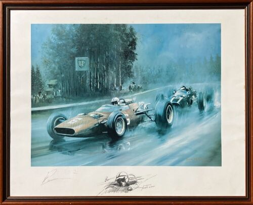 157 · DION PEARS: A framed numbered print depicting John Surtees on his way to victory at the 1966 Belgian Grand Prix in his Tipo 312 Formula One, numbered 9/350 and signed by the artist, 80cm x 65cm