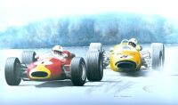 SPENCER MARTIN A pair of unframed prints by Brian Caldersmith of Spencer Martin driving various cars, signed by the artist - 2