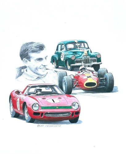 130 · SPENCER MARTIN A pair of unframed prints by Brian Caldersmith of Spencer Martin driving various cars, signed by the artist