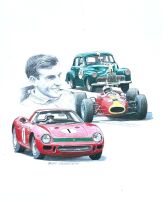 SPENCER MARTIN A pair of unframed prints by Brian Caldersmith of Spencer Martin driving various cars, signed by the artist