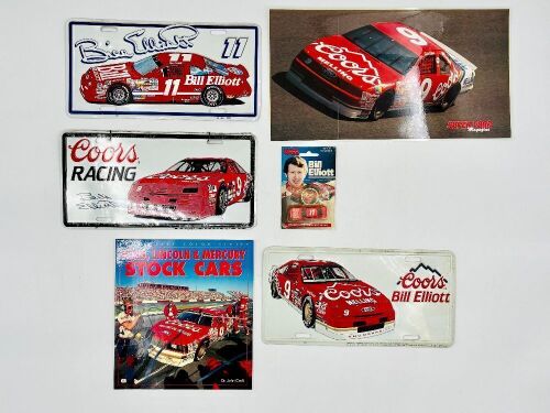 314 · BILL ELLIOTT: Three Bill Elliott novelty licence plates together with a photo, a keyring and softcover book 'Ford, Lincoln & Mercury Stock Cars' by Dr. John Craft [Location: Sydney]