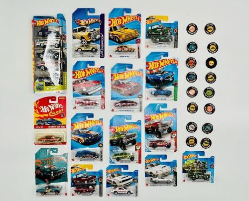 HOT WHEELS: A group of 20 1:64 scale Hot Wheels drag car models together with 16 vintage collector buttons [Location: Sydney]