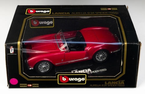 LANCIA: A Bburago 1:18 scale 1955 Lancia Aurelia B24 spider model, has Pininfarina reference on packaging, model number 3010