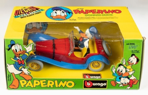 99 · JAGUAR: A Bburago 1:18 scale Jaguar SS100 model, in full Paperino packaging with a Donald Duck figurine, model number 8006