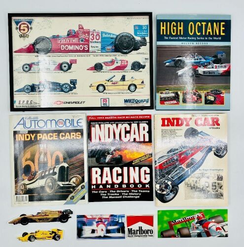 327 · INDY CAR: A group of Indy Car items including three books, a magazine, a framed poster and four stickers [Location: Sydney]