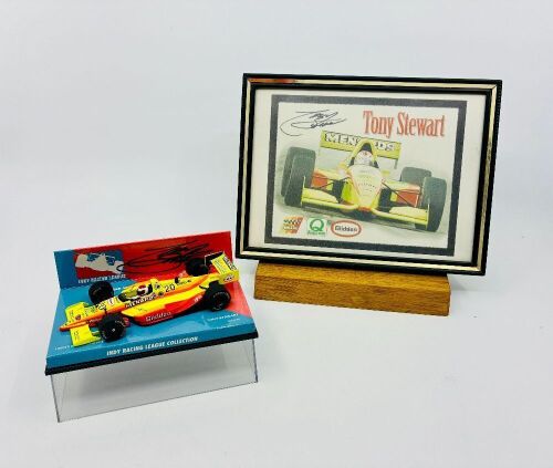 TONY STEWART: A 1:43 scale model Lola 95 by Minichamps signed by Tony Stewart with a framed picture [Location: Sydney]
