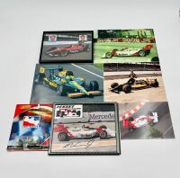 INDY CAR: Six photos including two framed items signed by Al Unser Jr and Tony Bettenhausen, together with a 1:64 scale model by Johnny Lightning [Location: Sydney]