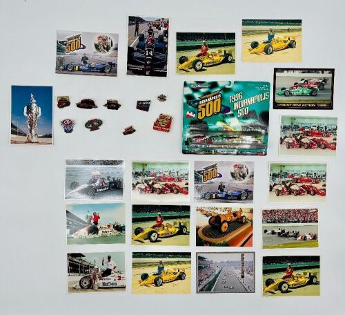 335 · INDIANAPOLIS 500: A 1996 Micro Machine 'Indianapolis 500 Race Veterans' four car set with 19 Indy 500 postcards and nine badges [Location: Sydney]