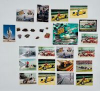 INDIANAPOLIS 500: A 1996 Micro Machine 'Indianapolis 500 Race Veterans' four car set with 19 Indy 500 postcards and nine badges [Location: Sydney]