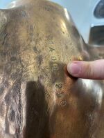 PROPELLOR: A large decorative solid brass ships propellor mounted on timber base, under circular bevel cut glass table top - 8