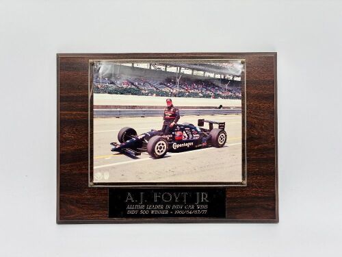 A.J. FOYT: An A.J. Foyt photograph mounted on timber plaque, 30cm high, 39cm wide [Location: Sydney]