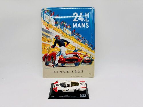 162a · LE MANS: A 1:32 scale slot car by SRC of the Porsche 907 L driven in the 1968 24 Hours of Le Mans together with a metal sign, 40cm long, 30 cm wide [Location: Sydney]