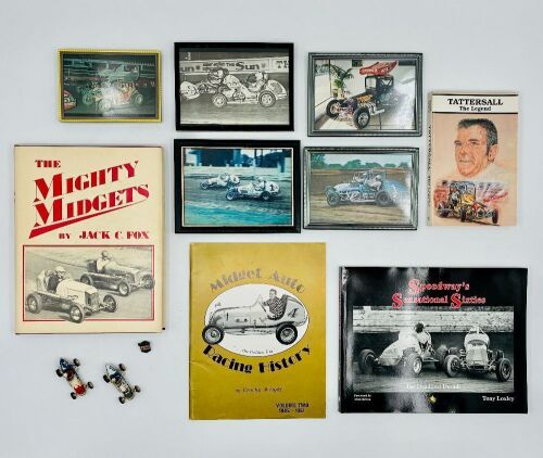 MIDGET SPRINT CAR: A group of Midget and early Sprint Car items including four books, five framed photos, two 1:64 scale models and a badge [Location: Sydney]