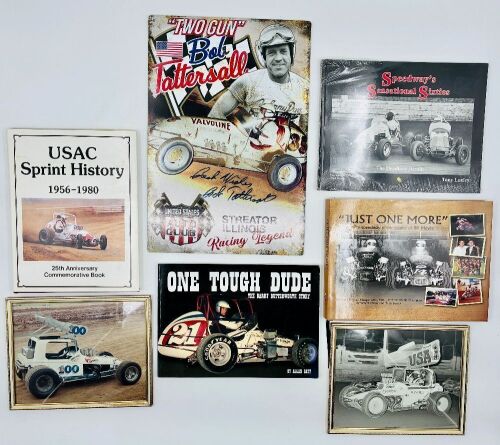 346 · MIDGET SPRINT CAR: A group of Midget and early Sprint Car items including three books, two framed photos and a Bob Tattersall sign [Location: Sydney]