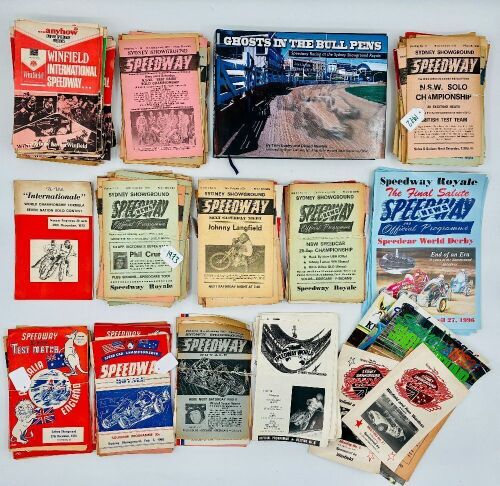350 · SYDNEY SHOWGROUND SPEEDWAY: A large quantity of Sydney Showground Speedway event programs together with a hardcover book 'Ghosts in the Bull Pens' by Tony Loxley and Dennis Newlyn [Location: Sydney]