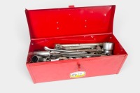 SPANNERS/SOCKETS: A small tool chest containing a group of various spanners and sockets, some being by Sidchrome, tool chest measures 39cm wide, 16cm deep, 13cm high overall