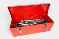 SOCKETS: A toolbox containing a quantity of various sockets and two ratcheting socket wrenches, tool box measures 39cm wide, 16cm deep, 13cm high