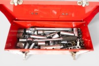 SOCKETS: A toolbox containing a quantity of various sockets and two ratcheting socket wrenches, tool box measures 39cm wide, 16cm deep, 13cm high - 2