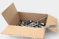SOCKETS/WRENCHES: A box with a quantity of sockets, extensions, and some ratcheting wrenches and speed handle wrenches