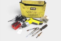 RYOBI: A Ryobi model no.CSD-4107BG 4V lithium-ion screwdriver, with charger and multiple head attachments, within a bag
