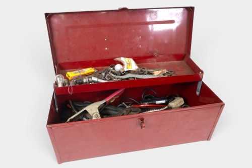TOOL BOX: A Tool box with contents, containing various tools such as spanners, multi-grip pliers, and other various items, tool box measures 47cm wide, 21cm deep, 17cm high