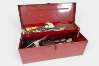 TOOL BOX: A Tool box with contents, containing various tools such as spanners, multi-grip pliers, and other various items, tool box measures 47cm wide, 21cm deep, 17cm high