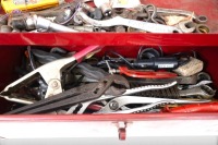 TOOL BOX: A Tool box with contents, containing various tools such as spanners, multi-grip pliers, and other various items, tool box measures 47cm wide, 21cm deep, 17cm high - 3