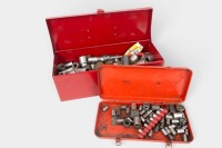 SOCKETS: A large group of various sockets, one within a toolbox, the other within a smaller tin. Tool box measures 39cm wide, 16cm deep, 13cm high