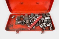 SOCKETS: A large group of various sockets, one within a toolbox, the other within a smaller tin. Tool box measures 39cm wide, 16cm deep, 13cm high - 2