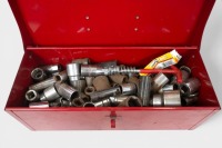SOCKETS: A large group of various sockets, one within a toolbox, the other within a smaller tin. Tool box measures 39cm wide, 16cm deep, 13cm high - 3