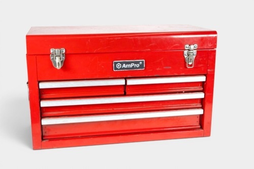 444 · AMPRO TOOL KIT: An Ampro metal cased tool kit, four drawers and top lid with ratchet set, appears complete