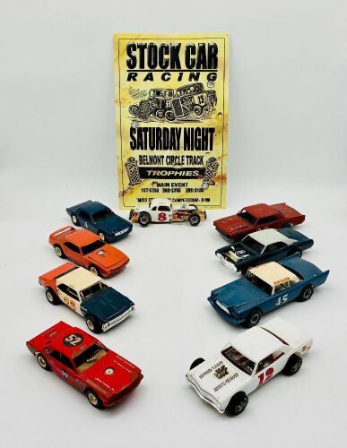STOCK CARS: Nine completed model kits of stock cars with a metal sign [Location: Sydney]