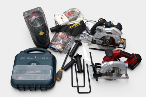 391 · POWER SAWS / SANDERS: Two circular hand saws, includes a GMC LS1200 Redeye and a Taurus cordless saw, also including two sanders, one Black & Decker and a Bosch