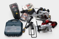 POWER SAWS / SANDERS: Two circular hand saws, includes a GMC LS1200 Redeye and a Taurus cordless saw, also including two sanders, one Black & Decker and a Bosch