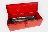 TOOL BOX: A tool box containing a quantity of spanners and other tools various tools, tool box by Sturdee, measures 38.5cm wide, 16cm deep, 13cm high.