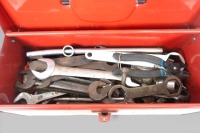 TOOL BOX: A tool box containing a quantity of spanners and other tools various tools, tool box by Sturdee, measures 38.5cm wide, 16cm deep, 13cm high. - 2