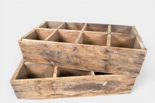 TIMBER BOXES: Two timber boxes with dividers within, similar sized, largest measures approx. 56cm wide, 28cm deep, 14cm high