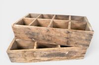 TIMBER BOXES: Two timber boxes with dividers within, similar sized, largest measures approx. 56cm wide, 28cm deep, 14cm high