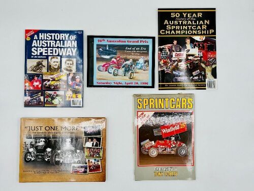 AUSTRALIAN SPEEDWAY: Four publications featuring Australian speedway and a framed illustration [Location: Sydney]