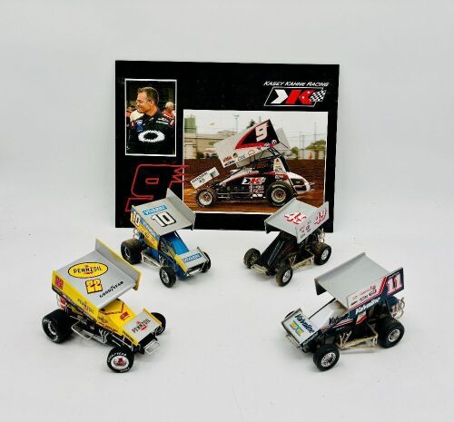 SPRINT CARS: Four 1:24 scale sprint cars by Racing Champions and GMP together with a Kasey Kahne Racing sign [Location: Sydney]